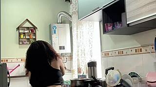 chubby latina housewife jiggles fat belly ass cooking in panties