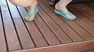 Mature Woman Squats Gapes Cunt on Outdoor Deck