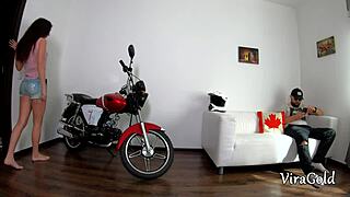 slim brunette motorcyclist blows then takes anal creampie doggystyle