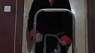 Bisexual guy climbs ladder naked to piss in bottle then gulps it all down