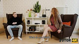 Need for sex! Mature redhead tutor in heels and stockings fetish-fucks horny teen stud!