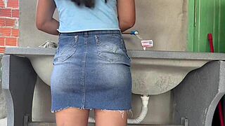 Skinny Brazilian Wife in Skirt Fucks with Big Tight Ass While Washing