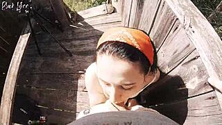 Girlfriend Deepthroats Huge Cock Facefuck at Hunting Tower Cum Swallow