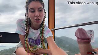 Skinny Pigtail Girl Jerks Huge Cock And Swallows Cum On Ferris Wheel