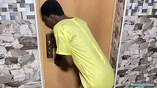 Skinny black student sneaks big cock fuck with horny school security guard.