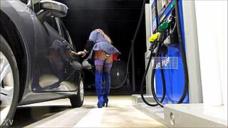 crossdresser upskirts her mini skirt fishnets heels at gas station