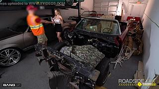 mechanic spots roadside babe's huge tits and bends her over in garage
