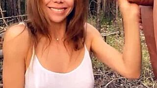 horny blonde sucks cock then fucks deep in forest outdoors