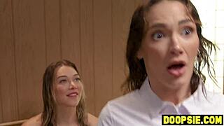 big boobs redhead milf masseuse lures two trannies for sauna threesome fuck