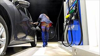 crossdresser upskirts her mini skirt fishnets heels at gas station