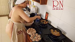 nudist regina noir cooks naked in kitchen