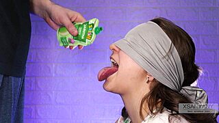 Best Friend Tricks Xsanyany into Blindfolded Cum Taste Game with Close-Up Tongue Swirls