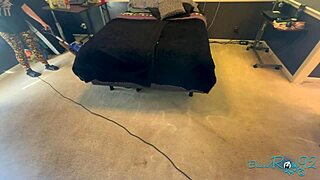 brunette milf housewife vacuums bedroom in tight natural tits outfit