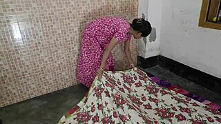 Busty Desi bhabhi bends over laundry room counter for servant's rough pounding