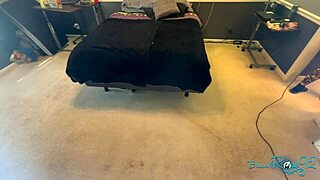 brunette milf housewife vacuums bedroom in tight natural tits outfit