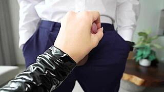 roommate waiting in sexy leather outfit for my cock wanna see her deepthroat and cum covered face