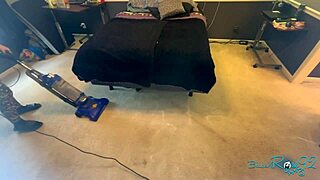 brunette milf housewife vacuums bedroom in tight natural tits outfit