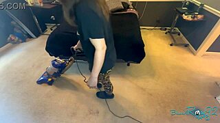 brunette milf housewife vacuums bedroom in tight natural tits outfit