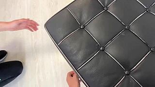 teen busty fitness babe deepthroats big cock, licks balls and gets cum on tits in pov