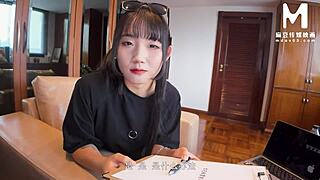 Cute Asian landlady rides cock in POV sex