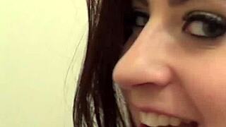 brunette babe bends over for public restroom blowjob then anal pov doggystyle