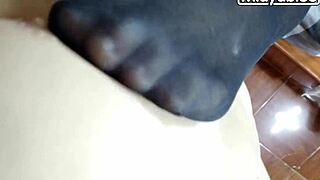 Sexy nylon stockings tease hubby's cock till foot cumshot