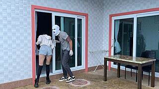 we sneak in and roughly fuck on strangers bed girlfriend cowgirl doggystyle cum covered quickie