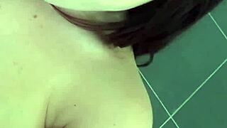 brunette babe bends over for public restroom blowjob then anal pov doggystyle