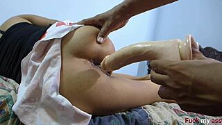 brutal anal dildo stretches tight teen pussy in pain