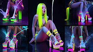 Hot redhead girls show high heels get feet body drenched in cum shots neon lights