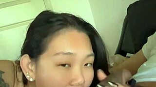Asian babe wakes him with sloppy morning ball-licking blowjob handjob and huge facial cumshot swallow