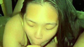 Asian babe wakes him with sloppy morning ball-licking blowjob handjob and huge facial cumshot swallow