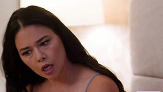 Big tits Asian stepmom fingers and licks petite stepdaughter's shaved pussy