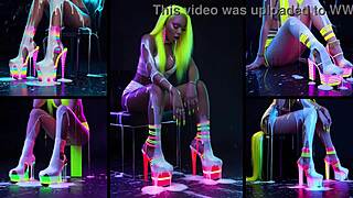 Hot redhead girls show high heels get feet body drenched in cum shots neon lights