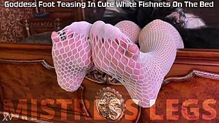 aww my goddess feet tease lover in cute white fishnets on bed 😍👣
