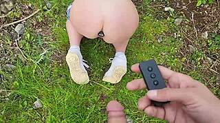 Blonde panics losing anal plug remote supermarket