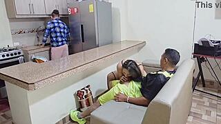 damn this milf stepmom sneaks stepson fuck while hubby's cooking in kitchen