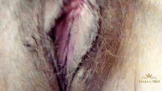 milf angela spreads hairy pussy jerking off while craving young 18+ husband's dick