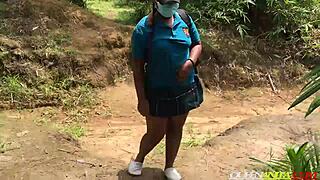 Lost University Girl Fucked Outdoors by Two Bikers in Forest All Styles Cumshot Finish