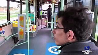 french brunette sneaks bus baiser with voyeur flashing big tits ass lingerie