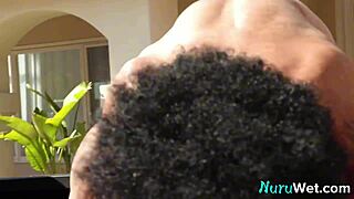 Busty Blonde Pours Nuru Gel on Naked Body and Fucks Client