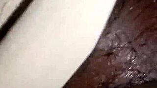 My friend's curvy ebony wife spreads hairy pussy wide on the bed 😈 creampie time!