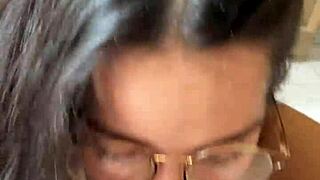 Nerdy busty Brazilian brunette deepthroats Wellington Prado's huge cock in jeans shorts mirror POV.