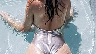 hey cougar in leather boots gloves bikini teaches teen poolside outdoor clothed sex lesson