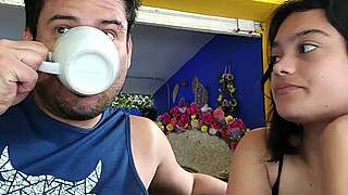 post party petite brunette babe chats then licks cock for close up hardcore fuck