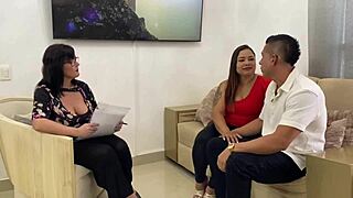 Amateur couple milf shares cum blowjob in psychological therapy threesome