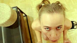 Blonde stepsis teases blue eyes tits before tight pussy creampie ride