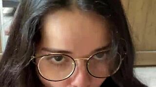 Nerdy busty Brazilian brunette deepthroats Wellington Prado's huge cock in jeans shorts mirror POV.