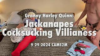 granny slips into harley quinn costume as cocksucking villainess jackanapes deepthroats in homemade pov close-up