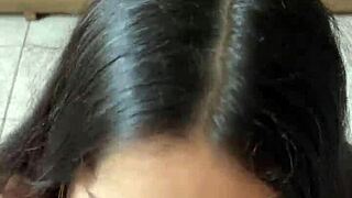 Nerdy busty Brazilian brunette deepthroats Wellington Prado's huge cock in jeans shorts mirror POV.